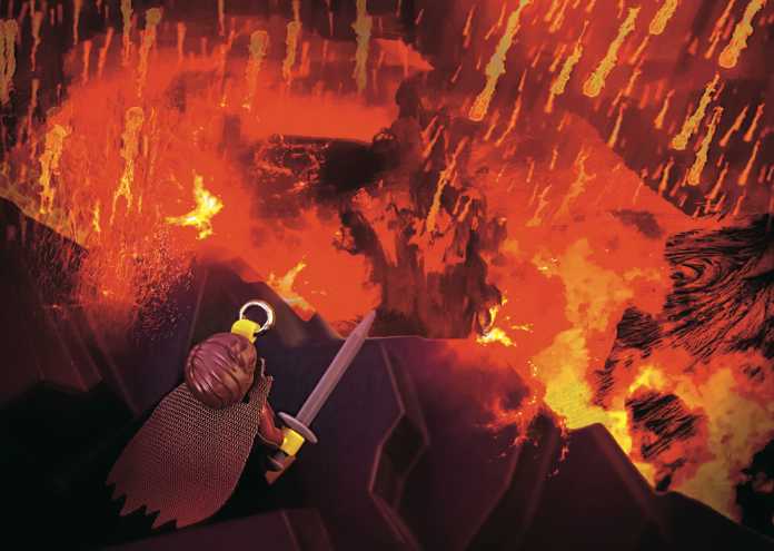 Frodos Schicksal. Bekannt ist diese Szene aus dem Film-Epos „Der Herr der Ringe“, hier nachgestellt mit Hobbit Frodo als Lego-Figur am Schicksalsberg in Mordor. Das Bild wurde von oben hinab aufgenommen, der Kamerafokus auf den Ring gelegt, der Schlot und die Lava des Vulkans nachträglich mit Photoshop in das Bild gefügt, wodurch eine actionreiche, effektvolle Atmosphäre entsteht.100 mm  ISO 200  f/5.6  1/125 s