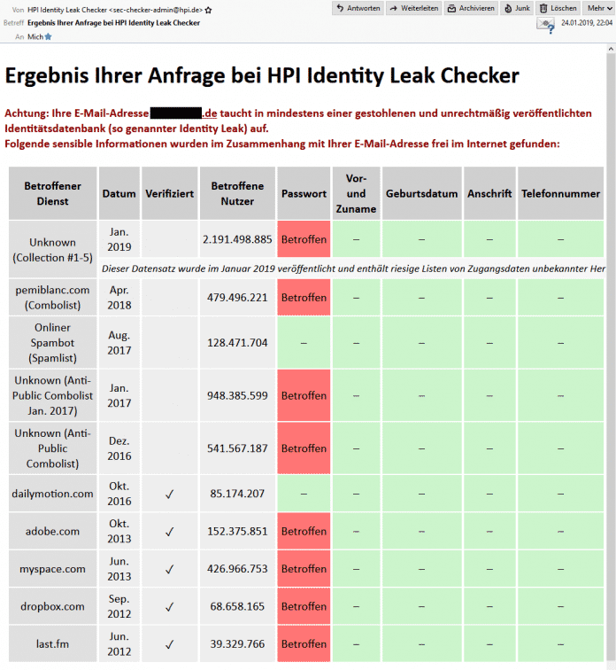 Treffer, versenkt: Über den HPI Identity Leak Checker findet man heraus, ob sich die eigenen Mail-Adresse in den Collections #1-5 und weiteren Leaks befindet.