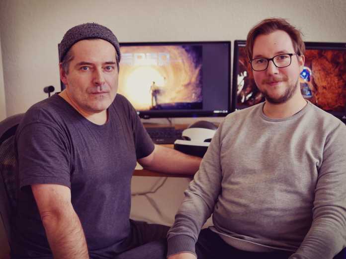 Eden-Chefentwickler Frank Sennholz (links, hier mit Lead-3D-Artist Nils Dechenthin) diente als Vorlage für die Hauptfigur des Spiels.