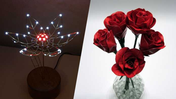 Collage aus Drahtblumen, mit LED-Blüten oder Gaffer-Blättern.
