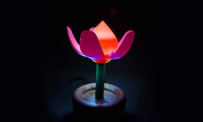 Eine bunte Blume aus dem 3D-Drucker vor dunklem Hintergrund.