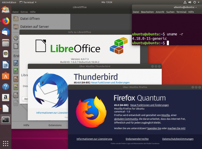 Ubuntu 18.04.2 Desktop mit LibreOffice, Thunderbird und Firefox