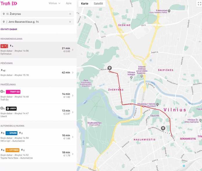 Eine App, ein Weg, alle nur denkbaren Transportdienste: Trafi kombiniert in Vilnius ÖPNV, Taxi, Car-Sharing, Uber und, und, und ...