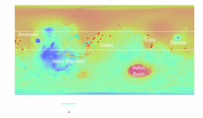 NASA/MGS/MOLA; Crater distribution: F. Salese et al (2019)