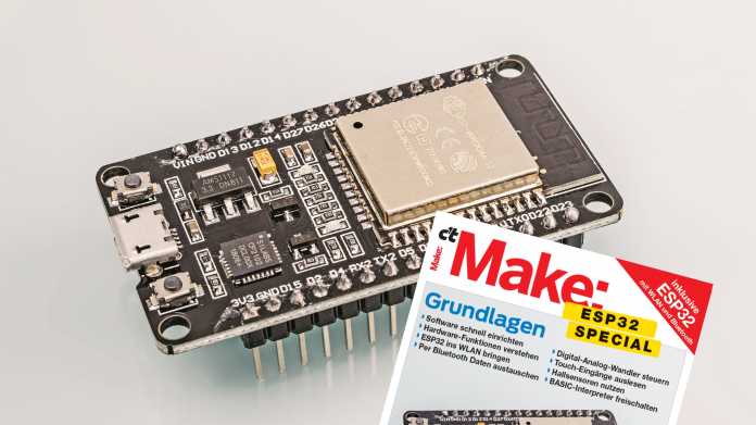 Mikrocontrollerboard ESP32 mit Titelbild des Make-Specials ESP32.