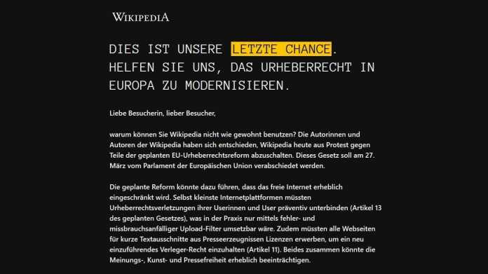 Protest gegen EU-Urheberrechtsreform: Deutschsprachige Wikipedia offline für einen Tag