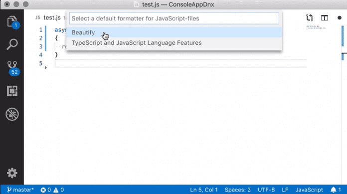 Der Editor zeigt die verfügbaren Formatierungswerkzeuge für JavaScript an.