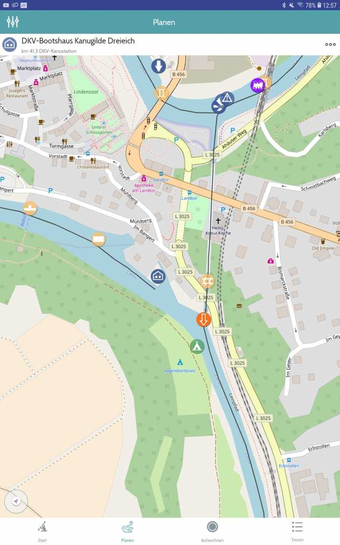 Nur in der Mobilgeräte-App sind die Gewässerpunkte aus der DKV-Datenbank überichtlich in Kartendarstellung zu sehen.