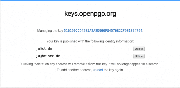 Der Eigentümer einer Mail-Adresse kann PGP-Schlüssel auch löschen.