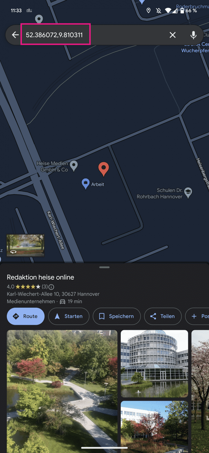 Koordinaten in Google Maps App