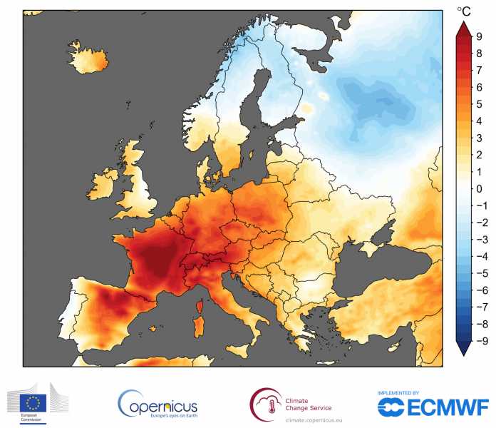 Karte mit den nach ERA5 geschätzten Temperaturanomalien in °C während des 5-Tages-Zeitraums vom 25. bis 29. Juni 2019.