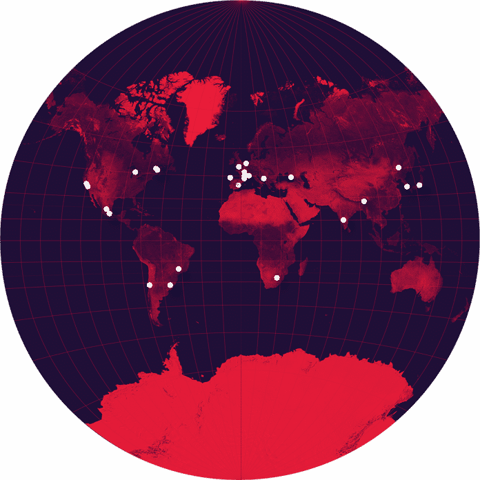 Weltkarte mit 28 weißen Punkten in Nord- und Südamerika, Afrika, Asien und Europa.