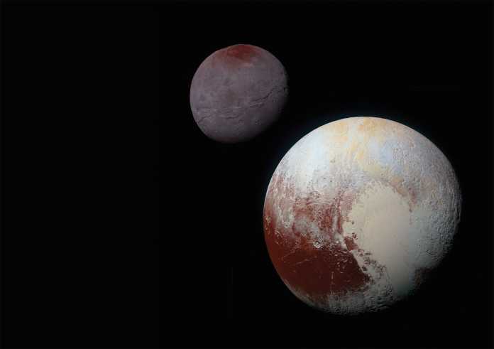 Collage von Pluto mit seinem seinem Mond Charon, aufgenommen von New Horizons