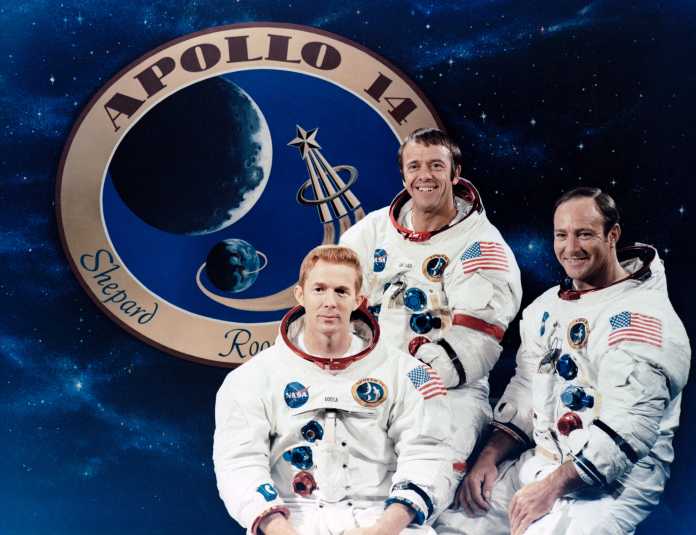 Die Crew von Apollo 14: Stuart A. Roosa, Alan B. Shepard, Edgar D. Mitchell (v.l.n.r.)