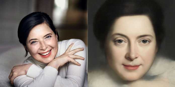 Isabella Rossellini in echt (links) und im Renaissance-Stil, gemalt von der KI.