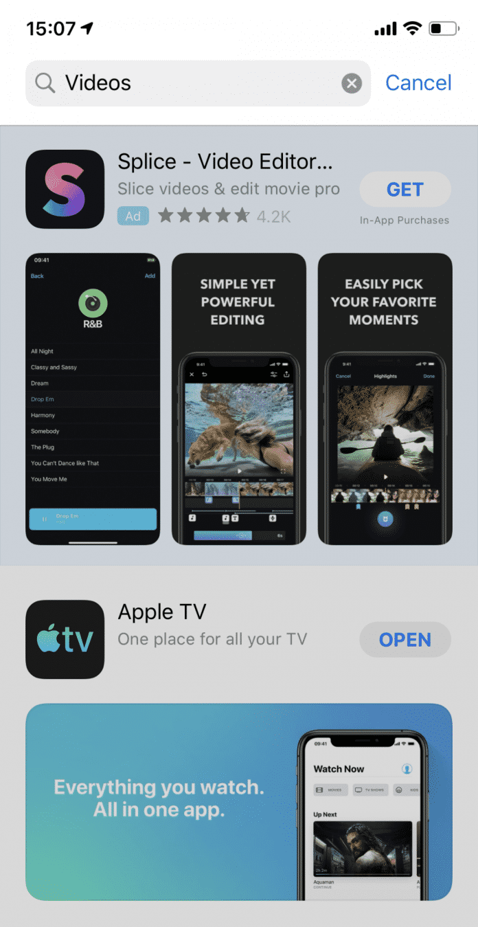 Die Suche nach Videos zeigt ein bezahltes Ergebnis und Apples TV-App – für weitere Treffer muss man erst scrollen.
