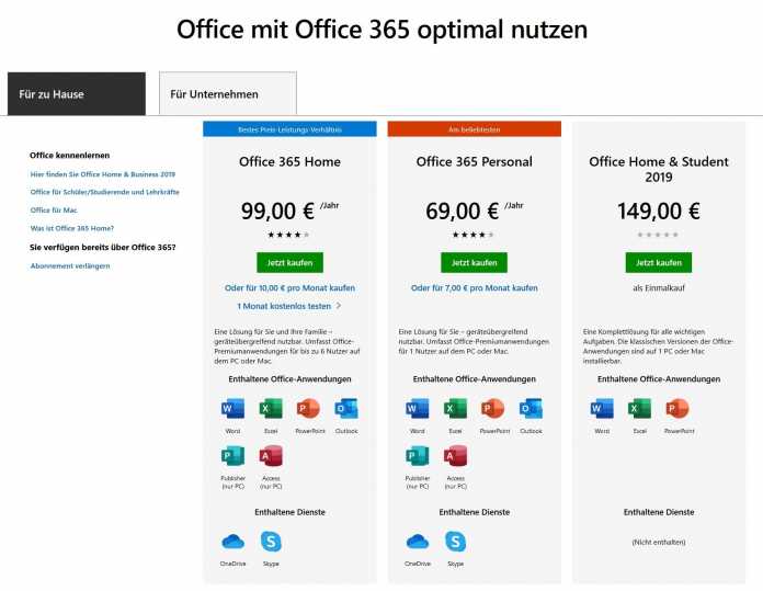 Für Privatnutzer kostet ein Office-365-Abo zwischen 70 und 150 Euro.