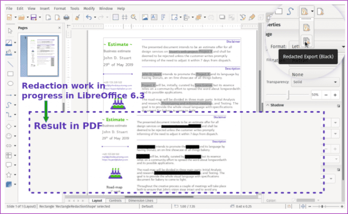 Screenshot-Collage die das Schwärzen von LibreOffice Dokumenten zeigt.