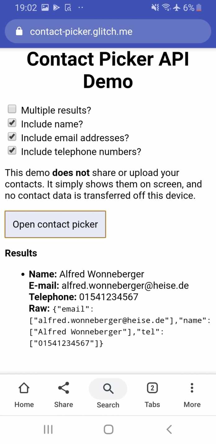 Rückgabe der Contacts Picker API
