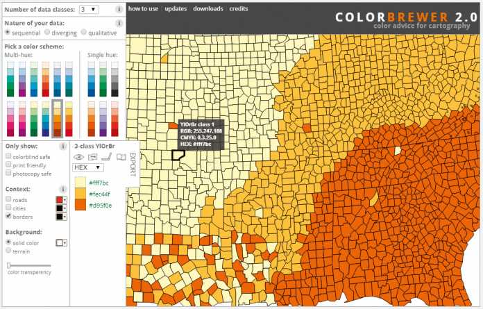 Mit der Analysekarte von ColorBrewer kann man verschiedene Farbschemata durchtesten.