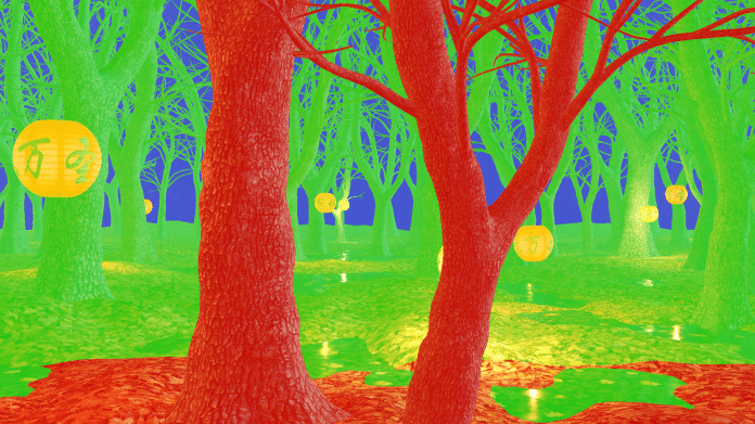 Die Bäume im Vordergrund werden mit maximaler Shading-Präzision berechnet. Den Hintergrund fasst 3DMark zu 2×2 (grün) und 4×4 Pixel großen Blöcken (blau) zusammen.