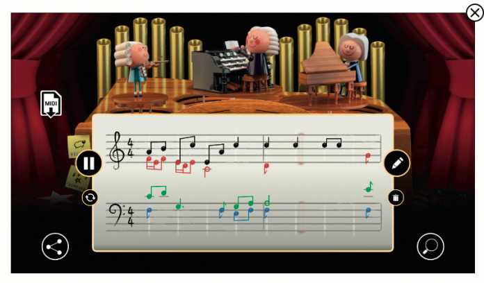 Mit Googles Doodle zum Geburtstag von Johann Sebastian gibt der Nutzer nur die (schwarzen) Noten für die erste Stimme vor; die restlichen drei stammen aus einer KI.