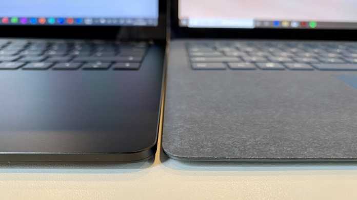 Die Alu-Version des Surface Laptop ist an der Vorderkante höher als das Alcantara-Modell.