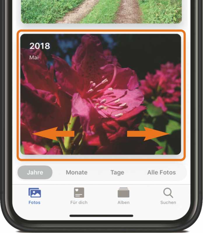 Bei iOS und iPadOS können Sie in der Jahresansicht monatsweise durch Fotos wischen.