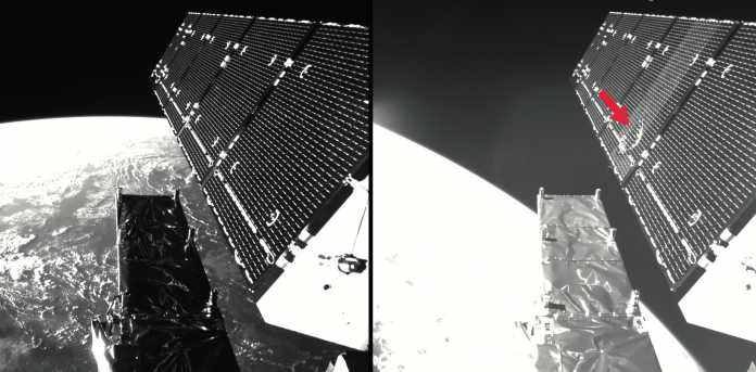 Beim ESA-Satelliten Sentinel-1 wurde ein Solarpanel von einem millimetergroßen Partikel getroffen (rechts: die Einschlagstelle).