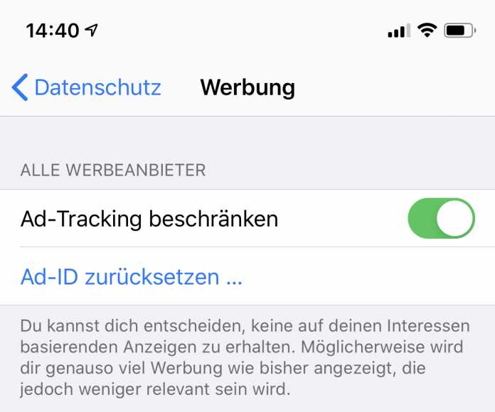 Apples Werbe-ID lässt sich zurücksetzen oder per &quot;Ad-Tracking beschränken&quot; durch 00000000-0000-0000-0000-000000000000 ersetzen.