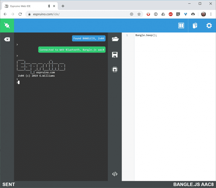 Screenshot der Espruino-IDE mit nur einer Zeile Code.