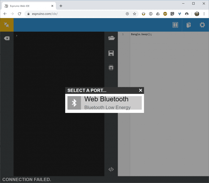 Screenshot der Espruino-IDE mit der Meldung &quot;Select a Port: Web Bluetooth, Bluetooth Low Energy&quot;.