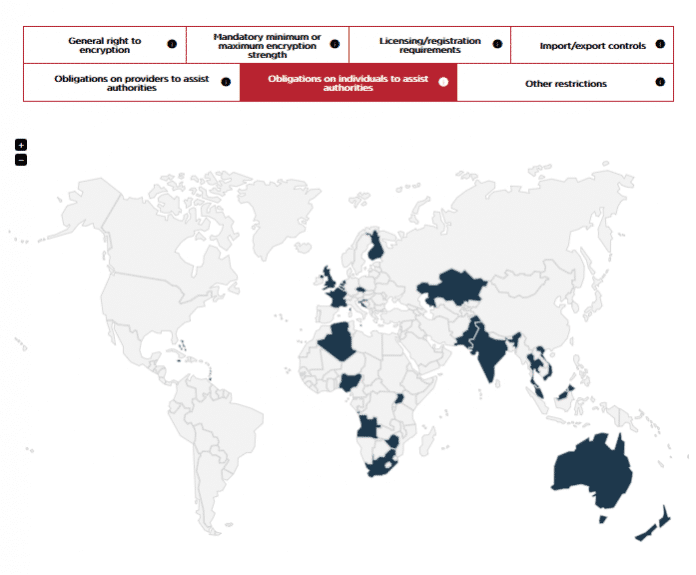 Eine Übersicht über weltweite Verschlüsselungsgesetzgebung. Unter https://www.gp-digital.org/world-map-of-encryption/ als interaktive Karte.