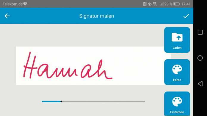 &quot;Signatur malen&quot; in der App Urlaubsgruss ermöglicht eine persönliche Unterschrift in frei wählbarer Strichstärke.