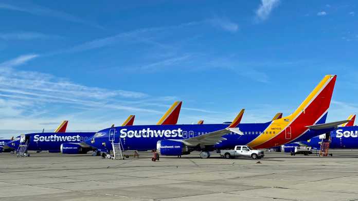 Boeing 737 Max der Southwest Airlines geparkt auf dem Southern California Logistics Airport bei Victorville, Dezember 2019