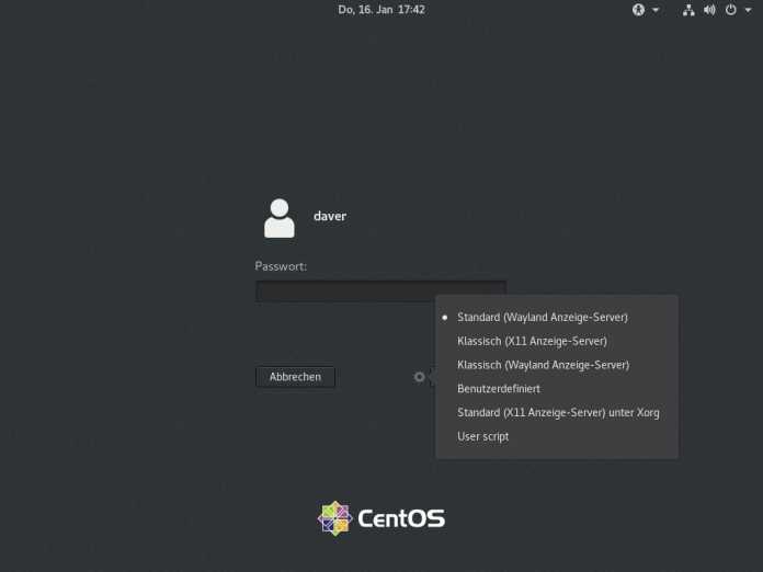 CentOS 8.1 liefert ein unverändertes Gnome 3. ohne Erweiterungen. Wayland ist auch hier Standard, Xorg aber als Option auf dem Login-Bildschirm weiter vorhanden.