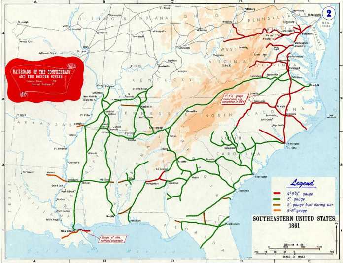 Bahnlinien der Südstaaten zu Beginn des Bürgerkriegs, die Spurweite von fünf Fuß dominierte bereits 1861.