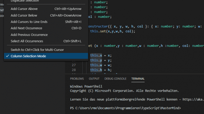 Visual Studio Code ermöglicht nun die Auswahl rechteckiger Textbereiche.