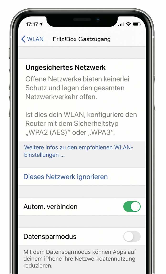 Bucht sich Ihr iPhone immer wieder in das Gäste-WLAN einer Fritzbox ein, hilft leider nur, dieses als Netzwerk zu ignorieren.