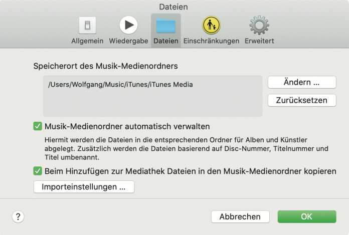Durch Zurücksetzen des Medienordners in den Musik-Einstellungen wechselt man von iTunes zur neuen Ordnerstruktur.
