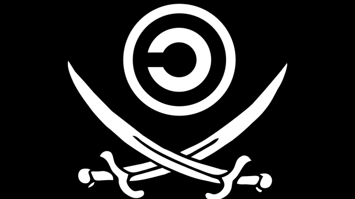Copyleft-Flagge mit gekreuzten Säbeln (im Stile einer Piratenflagge)