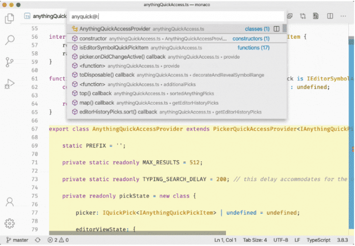 Durch Eintippen des @-Zeichens lassen sich in Visual Studio Code 1.44 die Symbole von Dateien durchnavigieren