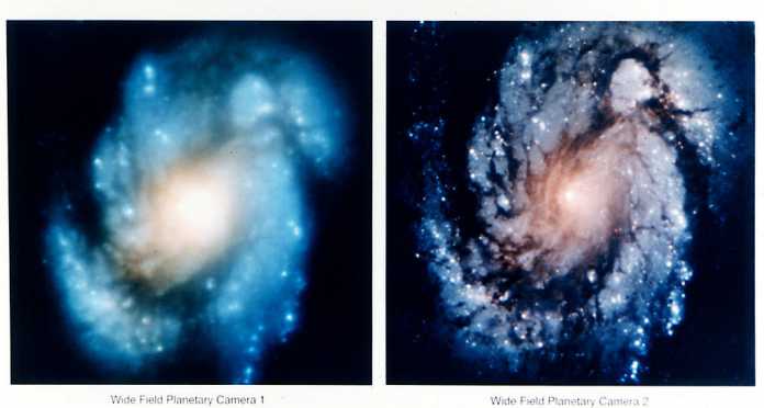 Hubles Bildqualität vor (li.) und nach (re.) der Korrektur. Zu sehen ist die Spiralgalaxie M100