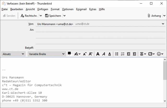 Bearbeitet man eine HTML-Mail, zeigt Thunderbird Formatierungswerkzeuge an.
