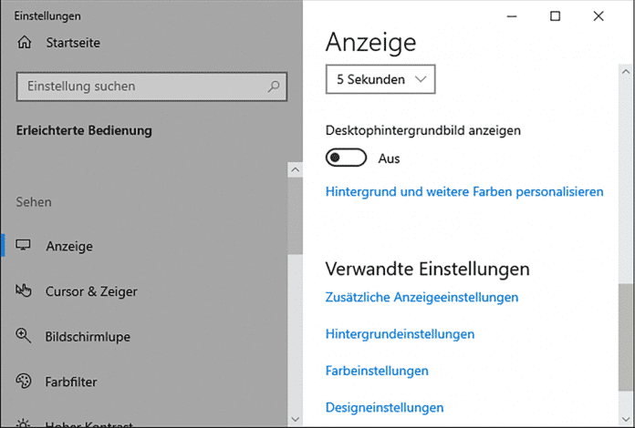 In den „Seheinstellungen für erleichterten Zugang“ lässt sich das Desktop-Hintergrundbild von Windows 10 auch dann abschalten, wenn die ­Anzeige-­Einstellung gesperrt ist.