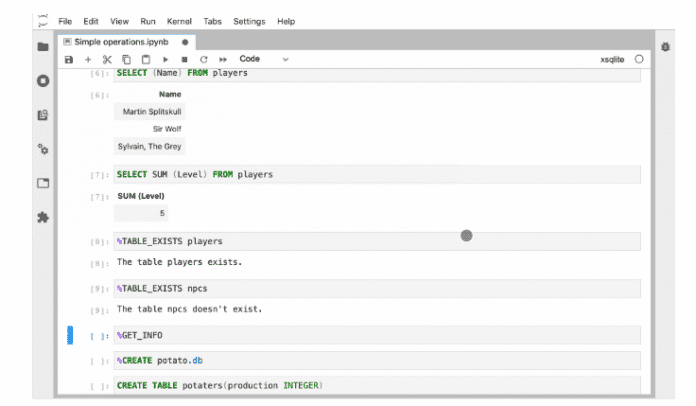 Screenshot stellt dar, wie xeus-SQLite verschiedene Kommandos ausführt