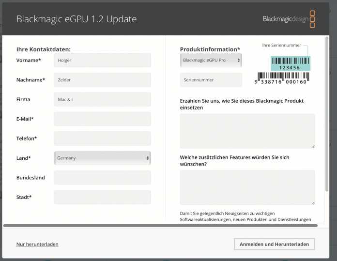 Das Firmware-Update für Blackmagics eGPU und eGPU pro gibt es direkt beim Hersteller, man muss es manuell herunterladen.