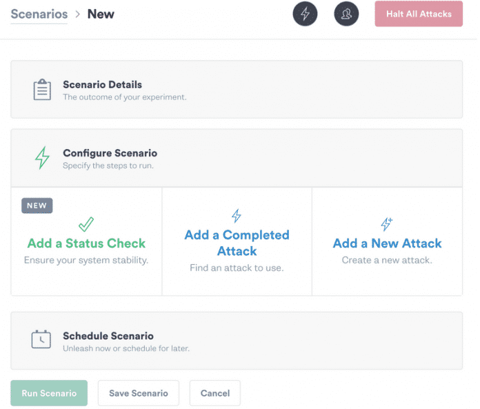 Screenshot der Chaos-as-a-Service-Plattform von Gremlin mit dem neuen Feature Status Check und der Konfiguration von simulierten Angriffen