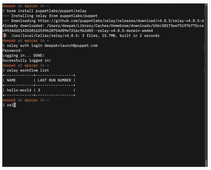 Screenshot der Kommandozeile in Relay von Puppet, wo Workflows als Code beschrieben und modifiziert werden können