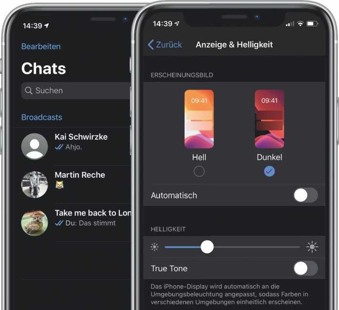 WhatsApp unterstützt inzwichen den Dark Mode von iOS, hat dafür bislang aber keine eigene Einstellung.